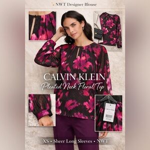 Calvin Klein Pleated Neck Floral Blouse XS NWT Sheer Long Sleeve Top